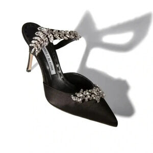 Manolo Blahnik Women's Black Lurum Embellished Mule Shoe Sz US 7/EU 37